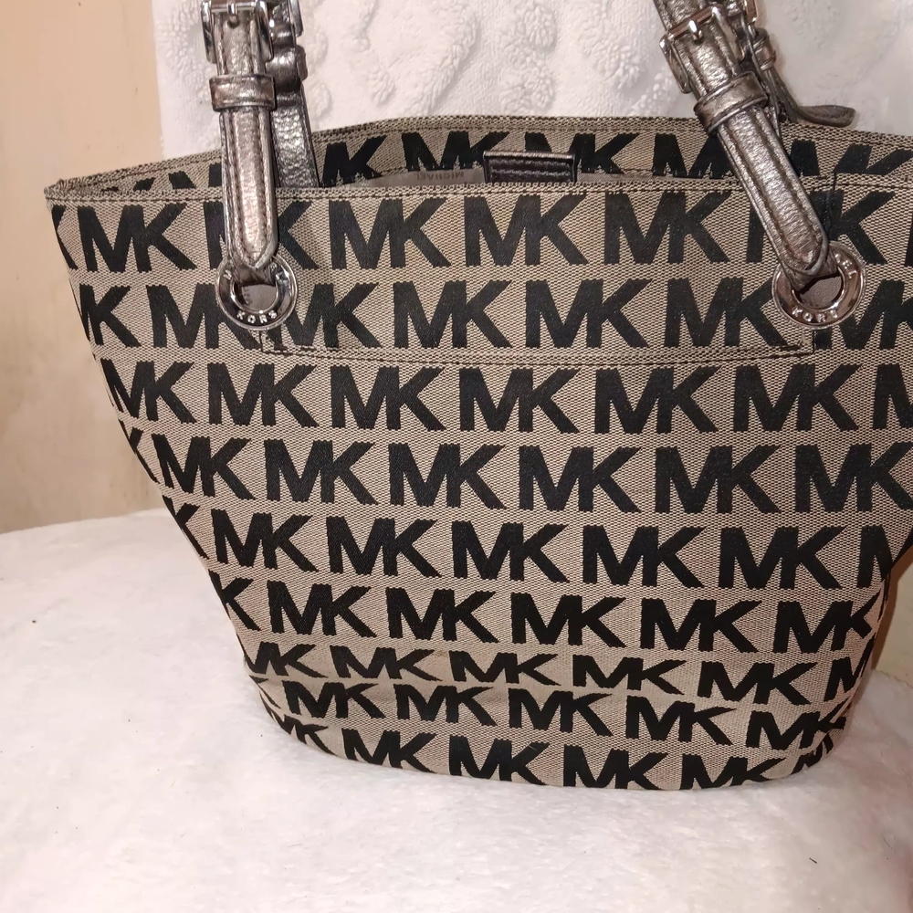 MICHAEL Michael Kors Tan and Black MK Logo Tote with Metallic Silver Handles